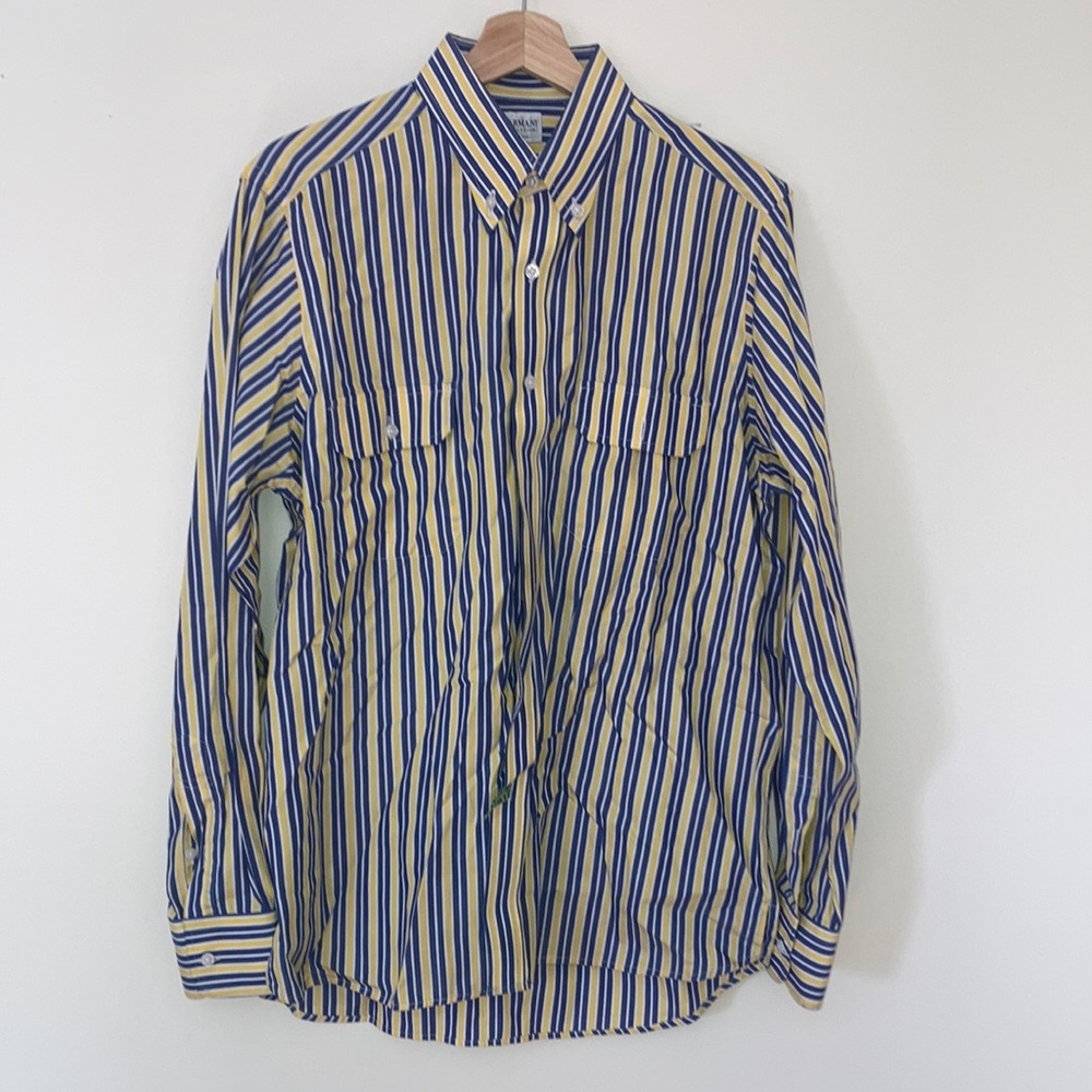 ✂️ ARMANI COLLEZIONI Made In Italy Size LARGE Blue & Yellow Dbl Pocket Shirt 🧵